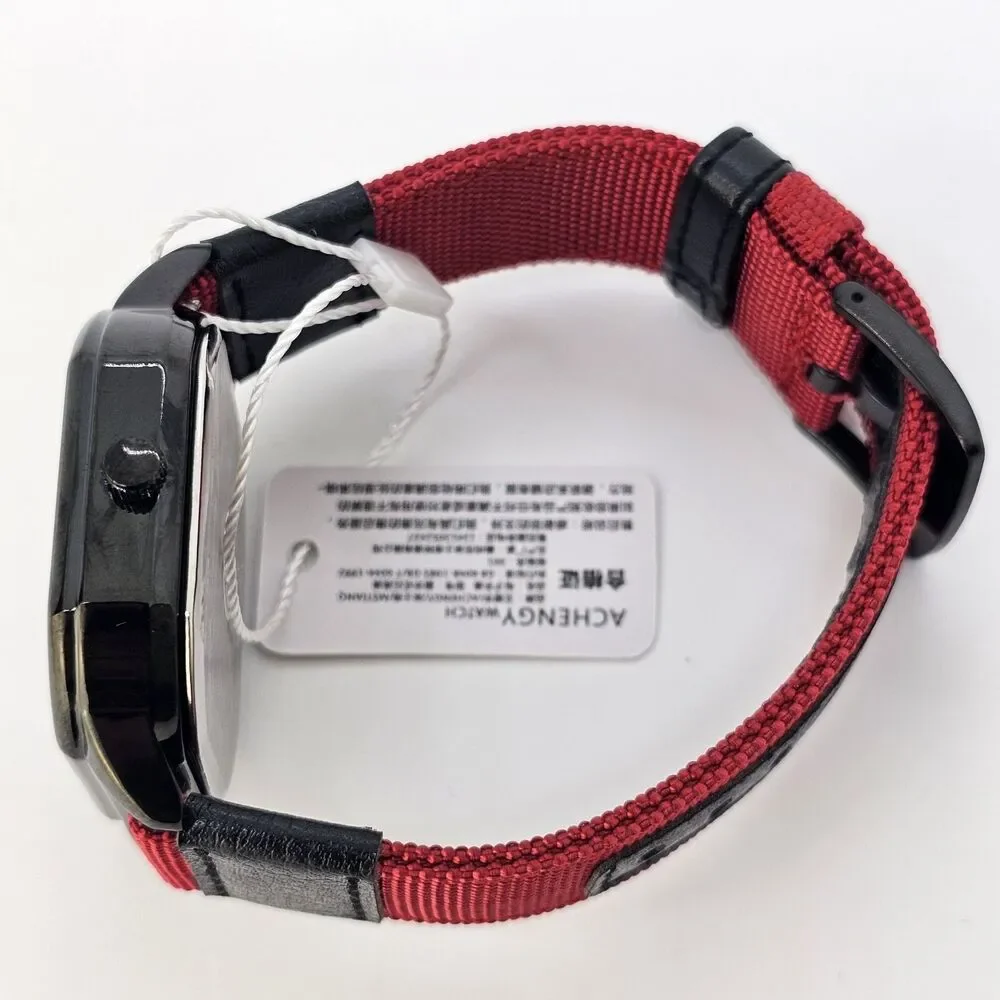 Men's Minimalist Watch 42MM Black Dial Date Indicator Black Red Canvas Bands‎